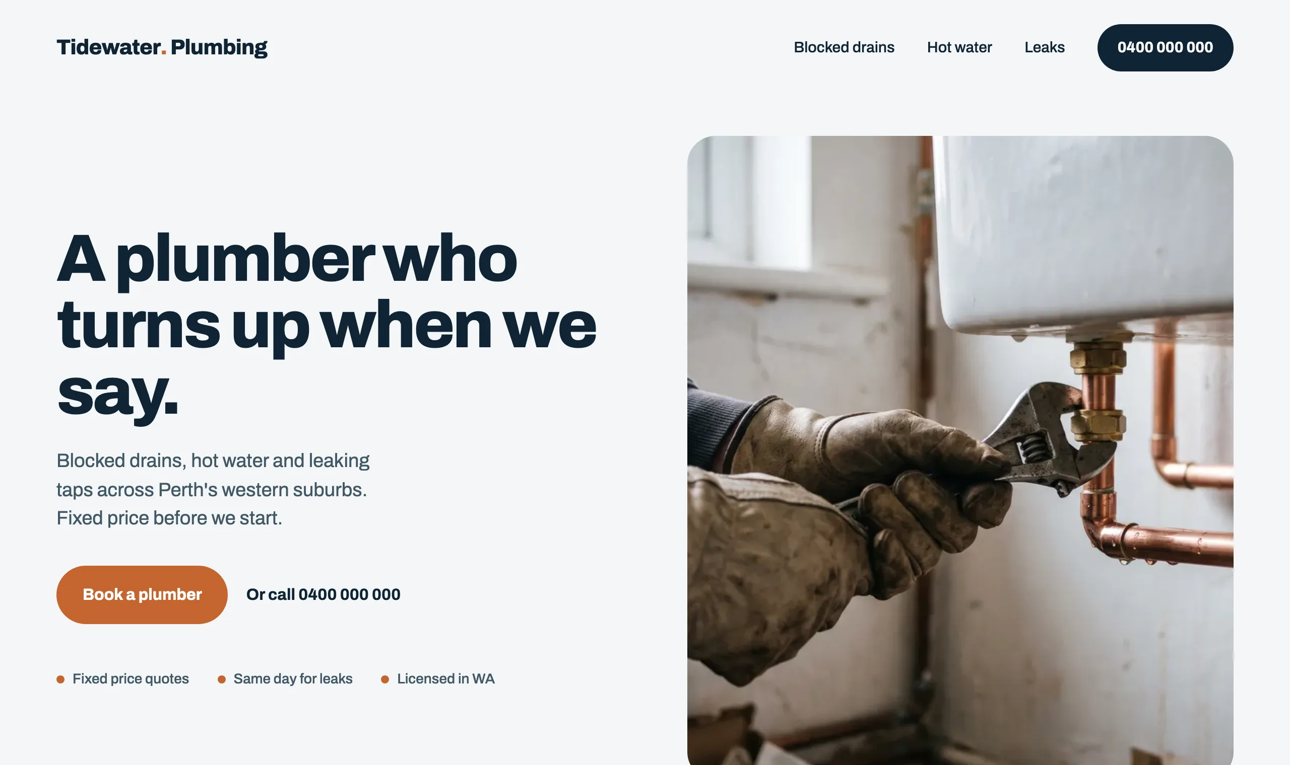 Example homepage for a made-up plumbing business
